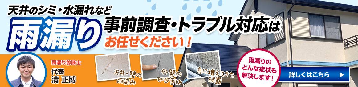 天井のシミ・水漏れなど「雨漏り」事前調査・トラブル対応はお任せください！「天井・壁の雨染み」「外壁のひび割れ」「急に増えてきた結露」雨漏りのどんな症状も解決します! 詳しくはこちら